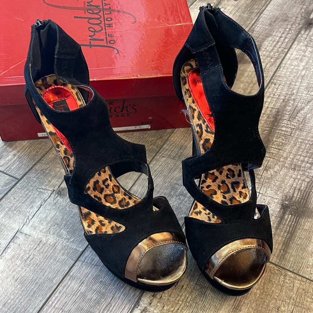 Fredericks of Hollywood, high heels, color black, velvety texture, size 8.5.